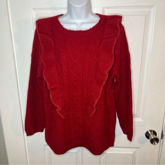 Red Dress Boutique Fire Away Ruby Red Sweater Ruffle Front Metallic Trim M - Picture 6 of 12
